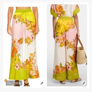 Wide Leg Floral Linen-Blend Pants in Yellow & Pink